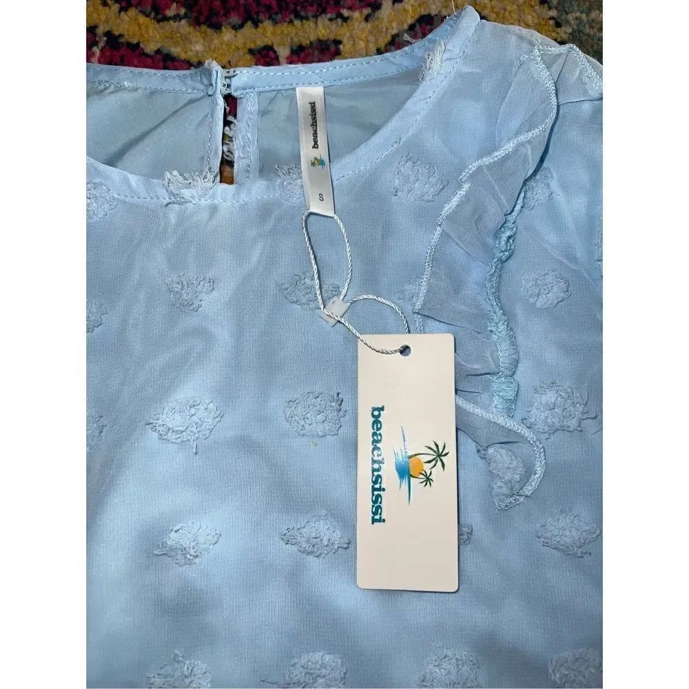 Ruffle Shoulder Blue Tops (S) - Picture 3 of 4